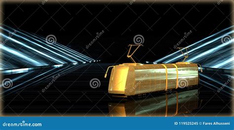 3d Rendering Of A Golden Object Inside A Futuristic Road Stock