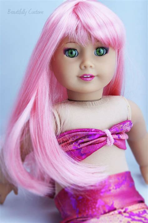 Custom Ooak American Girl Doll Mermaid Pink Hair Bright Green Eyes