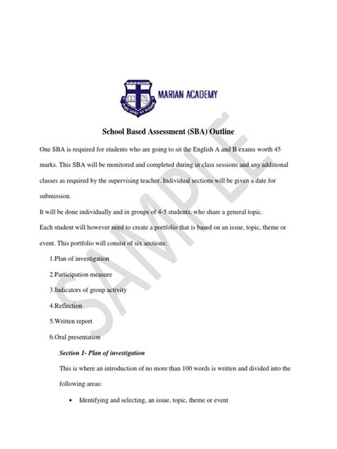 School Based Assessment Sba Outline Section 1 Plan Of