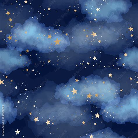 Seamless Dark Blue Night Sky Pattern With Gold Foil Constellations Stars And Watercolor Clouds