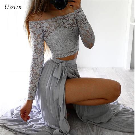 two piece lace dress long sleeve off the shoulder crop top and skirt set sexy side split party