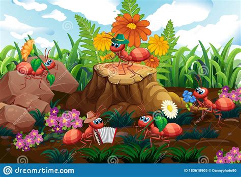 Scene With Plants And Insects In The Garden Stock Vector Illustration