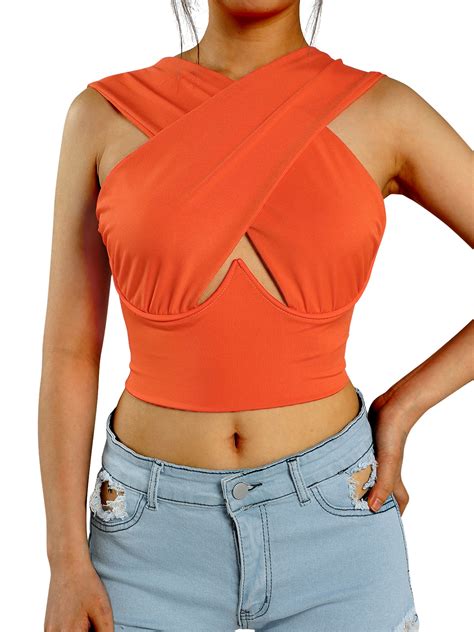 Centuryx Womens Criss Cross Cut Out Halter Crop Tops Bandage Wrap Bustier Backless Tie Cami