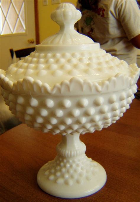 Vintage Fenton Hobnail White Milk Glass Compote Pedestal Candy Dish W Lid 8 1 2 Milk Glass