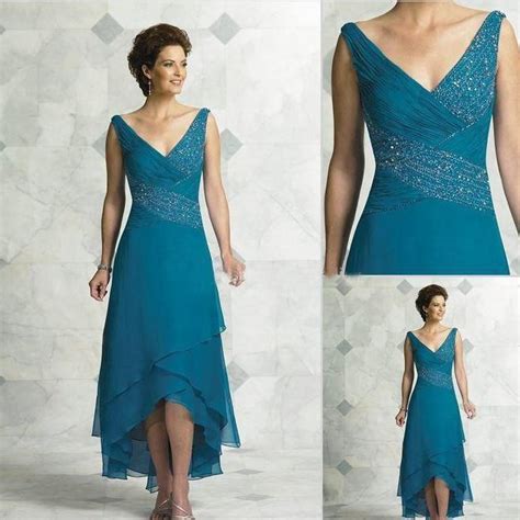 2019 Turquoise Chiffon V Neck Pleated Tea Length High Low Mother Of The