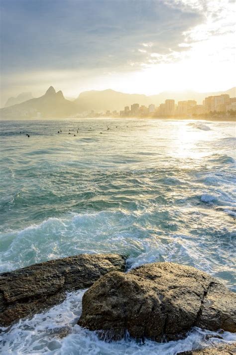 Sunset On Ipanema Beach In Rio De Janeiro Stock Image Image Of City