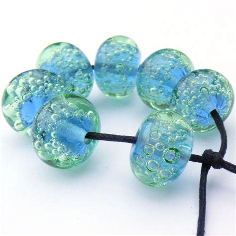 Handmade Lampwork Bead Set Of 7 Blue And Pale Green Glass Etsy
