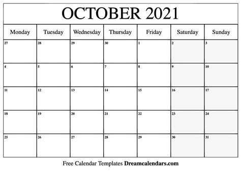 October 2021 Calendar Free Blank Printable With Holidays