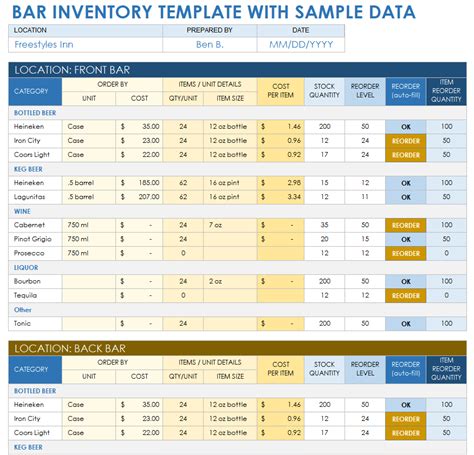 Excel Bar Inventory Template