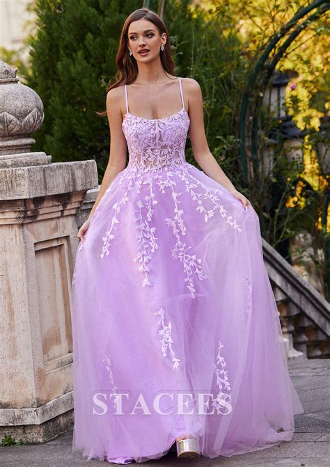 A Line Princess Tulle Prom Dress Square Neckline Sweep Train With Appliqued Glitter S P