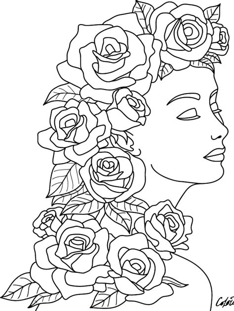 A Woman S Face With Roses On Her Head In Black And White Coloring Pages