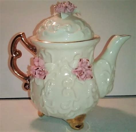 CRACKER BARREL VICTORIAN Porcelain Ivory Rose Tea Set Hand Painted 10k