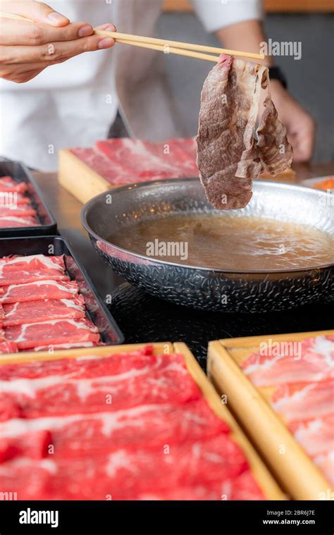 Cooking Of Japanese Wagyu Beef Shabu Shabu Set Hot Pot Stock Photo Alamy