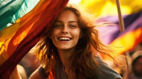 Premium Ai Image Happy Girl With Rainbow Flags Illustration Ai