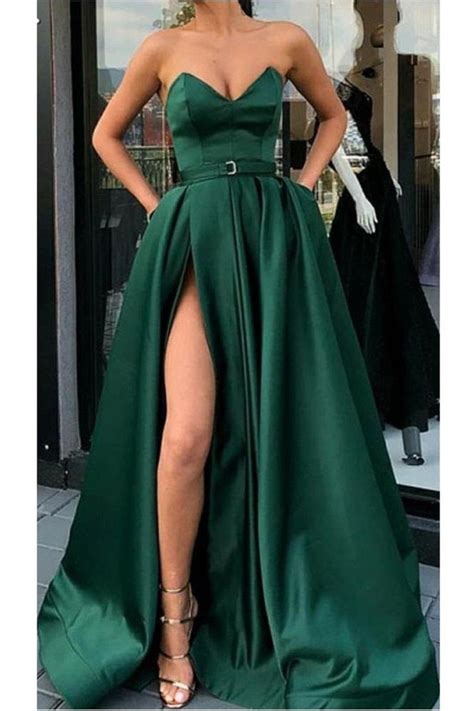 Emerald Green Side Slit Strapless Long Prom Dress With Beltgdc1248