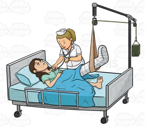 Woman Laying In A Hospital Bed With Her Leg In A Cast And Hung From A Traction A Nurse Is