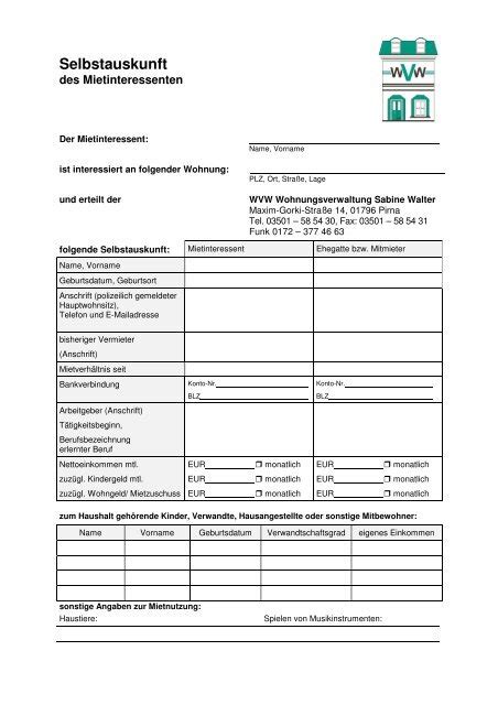 Straße, hausnummer, plz, ort (mietobjekt) die folgenden angaben zur/zum 1. Was Ist Eine Selbstauskunft - Rafinovier