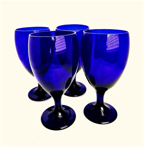 4 Vintage Cobalt Blue Glass Water Goblets Vintage Blue Glass Goblets Vintage Glasses Cobalt