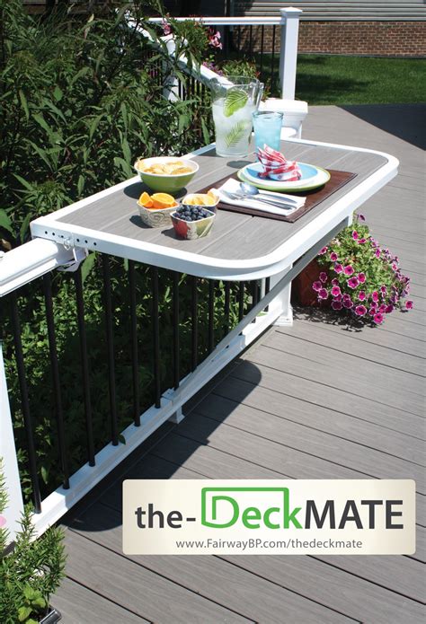 Add extra serving space near the grill or add an outdoor bar with this easy to make deck railing table! FAIRWAY introduces The DeckMATE Deck Railing Table ...