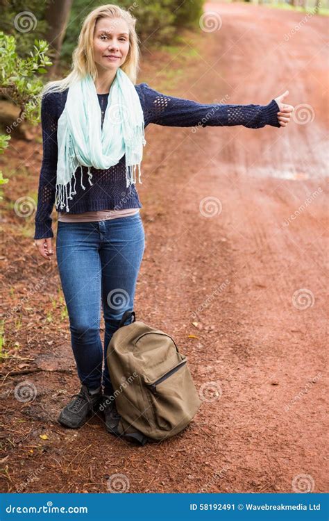 Pretty Hitchhiker Sticking Thumb Out Stock Image Image Of Outdoors
