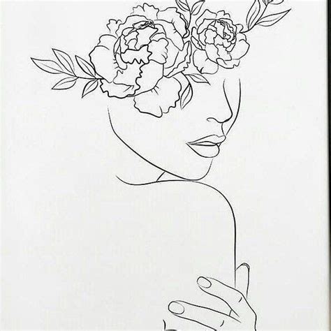 Female Line Art Face With Flowers Abstract Face With Flowers By One