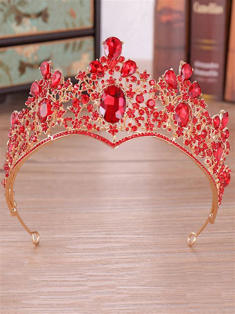 Red Wedding Tiara Crown Rhinestones Beaded Royal Bridal Headpieces