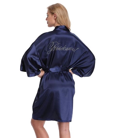 Kimonoart Satin Rhinestone Short Kimono Robe For Bride Bridesmaid Maid Of Honor Navy Blue