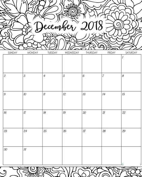 2018 December Coloring Calendar Coloring Calendar Calendar