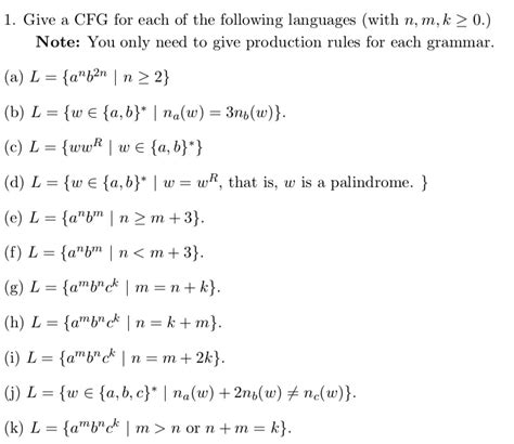 Solved Give A Cfg For Each Of The Following Languages With N M K â‰¥ 0 Note You Only Need