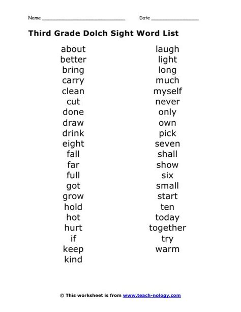 Third Grade Dolch Sight Word List Third Grade Pinterest