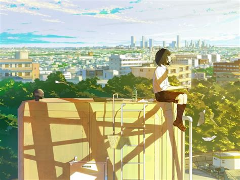 Wallpaper Cityscape Buildings Rooftop School Uniform Anime Girl