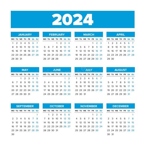 Simple 2024 Year Calendar Weeks Start On Sunday Stock Vector