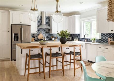 These navy kitchen come in varied designs, sure to complement your style. ☆White kitchen with navy backsplash and wood stools # ...