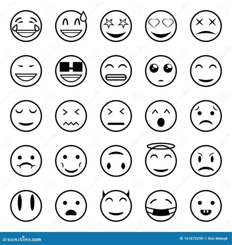 Set Of Outline Emoticons Emoji Stock Vector Illustration Of Black