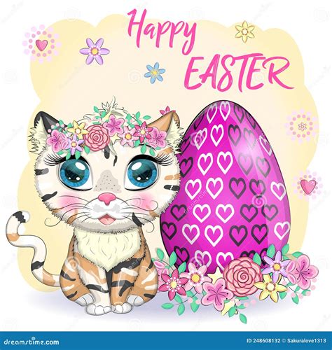 Cute Cartoon Cat Near A Beautiful Easter Basket Full Of Eggs Happy