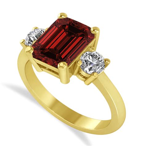 Emerald And Round 3 Stone Garnet And Diamond Engagement Ring 14k Yellow