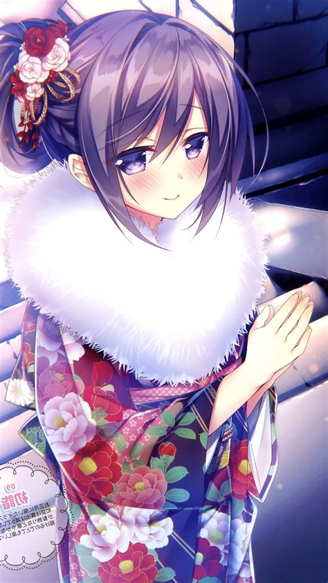Wallpaper Anime Girl Short Hair Blushes Kimono Resolution