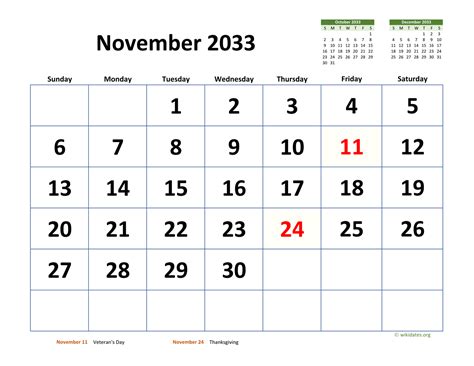 November 2033 Calendar With Extra Large Dates