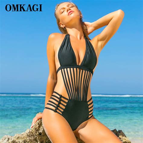 Omkagi Brand One Piece Swimsuit Women Swimwear Sexy Stripe Push Up Bodysuit Swimming Bathing
