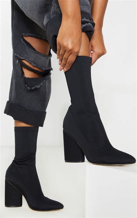 black chunky block heel sock boot shoes prettylittlething ksa