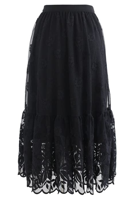 Embroidered Floral Organza Midi Skirt In Black Retro Indie And