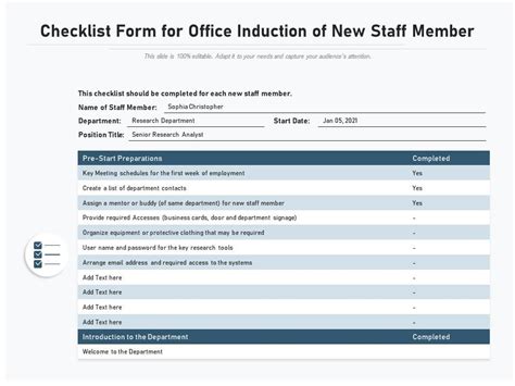 Checklist Form For Office Induction Of New Staff Member Presentation