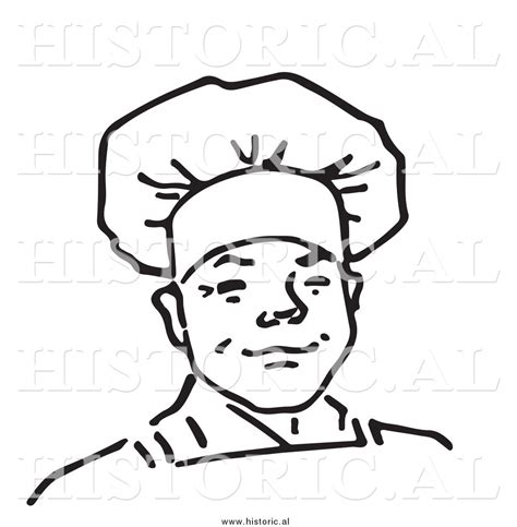 To conclude your creation, add details like the eyes, the nose, the ears and the suit. Historical Vector Clipart of a Smiling Male Chef - Outline by Picsburg - #9444