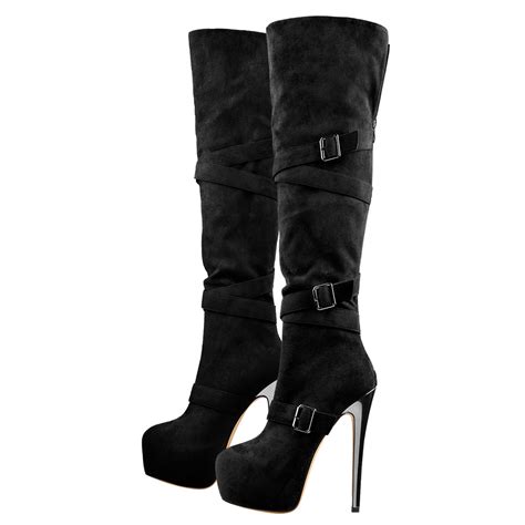 Black Suede Platform Buckle Stiletto Over The Knee High Boots Onlymaker