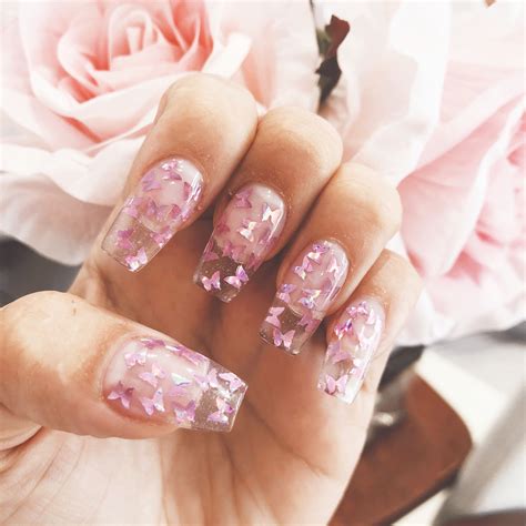 Clear Acrylic Nails With Pink Chrome Butterflies Done At 89 Nail Salon