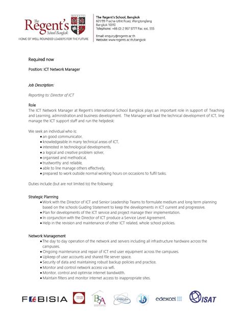 New business development managers most often possess a masters degree in communication, business, management, administration, marketing or sales. Job description ict manager by The Regent's International ...