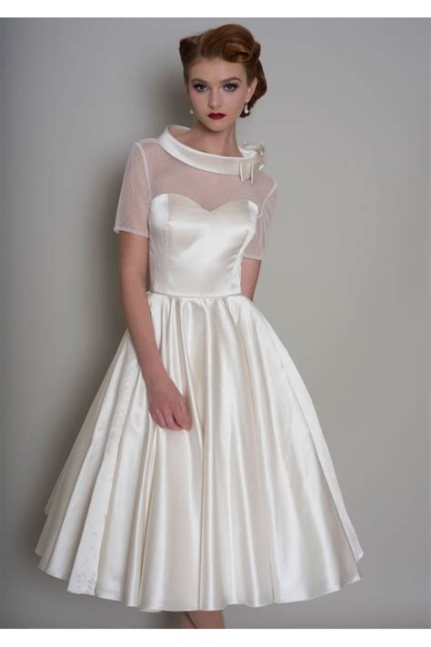 Hattie Tea Length Satin 1950s Wedding Dress With Sleeve