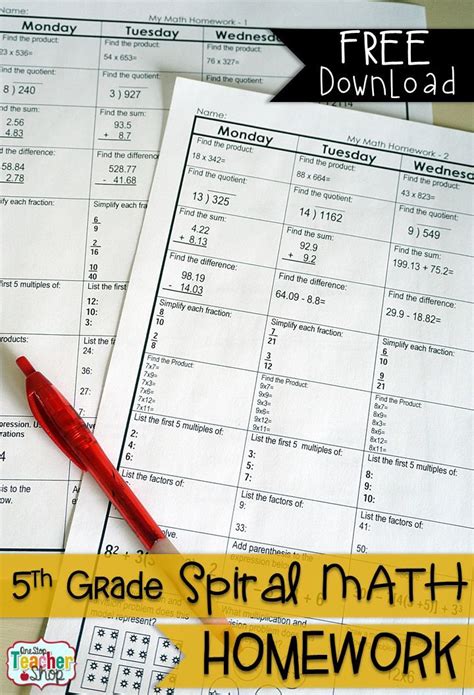 Free 5th Grade Common Core Spiral Math Homework With Answer Keys 4