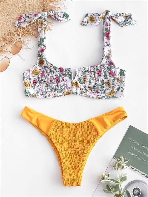 Zaful Floral Smocked Tied V Wired Bikini Set Rubber Ducky Yellow