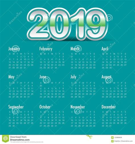 Year 2019 Calendar Vector Design Template Stock Vector Illustration